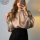 Christmas Gift Elegant Fashion Women Satin Blouse Puff Sleeve Satand Collar Korean Long Sleeve Shirt Office Lady Spring Blouses Blusas 12944