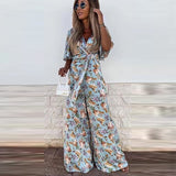 Christmas Gift Women Casual Puff Short Sleeve V-Neck Ladies Jumpsuit Summer Elegant Floral Printed Loose Rompers Fashion Lace-Up Wide Leg Pants