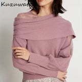 Christmas Gift Kuzuwata 2021 Autumn Winter New Women Jumpers Sexy Off Shoulder Lace Patchwork Long Sleeve Sweaters Sweet Knitted Pullover