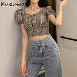 Christmas Gift Kuzuwata Square Collar Sexy Clavicle Exposed Short Blouse Women Vintage Plaid Slim Fit Blusas Pullover Short Sleeve Pleat Shirt