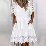 Christmas Gift Women V-Neck Short Sleeve Ruffles Mini Dresses Elegant White Color Embroidery Lace Mesh Party Dress Lady Casual Summer Dress 5XL