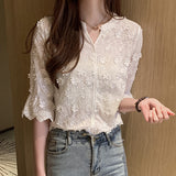 Joskaa Spring New Stereoscopic Embroidered White Pure Cotton Blouse Floral Short Sleeve Woman's Shirt Fashion Lady's Shirt 9638