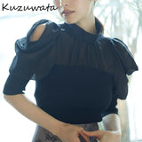 Christmas Gift Kuzuwata Autumn New Women Sweaters Jumper Stand Collar Pleated Off Shoulder Puff Sleeve Blouses Patchwork Slim Knitted Pullovers