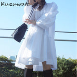 Christmas Gift Kuzuwata Puff Sleeve Pleated Design Shirts Dresses Casual Chic Single Breasted Woman Dress Spring Summer Solid Loose Robe