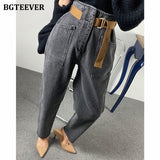 Christmas Gift BGTEEVER 2021 Fashion Belted Harem Jeans Pants Women Vintage Ankle Length Denim Baggy Mom Jean Loose Washed Trousers Mujer