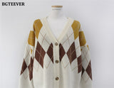 Christmas Gift Vintage Patchwork Knitted Cardigans Women V-neck Single-breasted Loose Casual Argyle Plaid Female Open Stitch Sweaters
