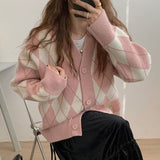 Christmas Gift Korean Oversize Cardigan Tops Women Knitted Sweater Argyle Cardigan Loose Single Breasted Students V-neck Lovely Knitwear 17068