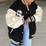 Joskaa 2024 Autumn Oversized Baseball Jacket Women Fashion Leather Long Sleeve Patchwork Letter Print Streetwear Varsity Bomber Jacket