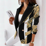 Joskaa New Retro Pattern Print Patchwork Blazer Coat Office Lady Elegant Lapel Collar Button Long Top Women Fashion Suit Outwears