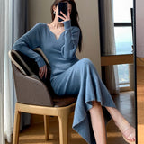 Black Friday Sales Winter Elegant Mermaid Sweater Long Dress Women Vintage V-Neck Knitted Warm Y2K Dress Korean Casual Chic Dress For New Year 2022