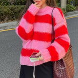 Christmas Gift Nomikuma Candy Color Knitted Striped Sweater Women O Neck Long Sleeve Korean Sweet Pullover Jumpers Female Sueter Mujer 3d644