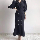Christmas Gift Gagarich Women Elegant Dress Korean Style Notched Collar Chic Pearl Buckle Lace-up Waist Hugging Fishtail Office Lady Vestidos
