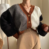 Woman Chic Knitting Cardigan Korean Autumn Winter Retro V-neck Button Contrast Color Loose Short Lantern Sleeve Sweater