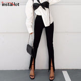 Christmas Gift InstaHot Elegant Women Pant High Waist Black Split Slim Autumn Office Lady Casual Trouser 2020 Fashion Flare Slit Pant Black