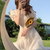 Joskaa-Summer Floral Design Sweet Dress Short Sleeve Chiffon Elegant Dress Korean Style Square Collar Party Dress for Female Dot