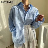 Christmas Gift BGTEEVER Spring Summer Fake Two-piece Female Striped Shirts Tops 2021 Casual Lapel Oversized Pockets Lace Up Women Blouse Shirts