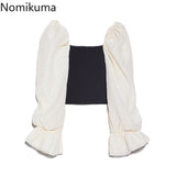 Christmas Gift Nomikuma Square Collar Contrast Color Shirts Women Patchwork Puff Sleeve Korean Chic Short Blouse Blusas Stylish Tops 2021 New