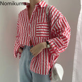 Christmas Gift Nomikuma Striped Shirts Women Turn Down Collar Long Sleeve Vintage Blouse Single Breasted Korean BF Style Tops Blusas 3c540