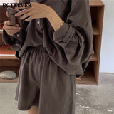 Christmas Gift BGTEEVER Casual Tracksuit Women Shorts Set Long Sleeve Shirts Tops And Loose High Waisted Shorts Summer 2 Piece Set Female 2021