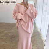 Christmas Gift Nomikuma Korean Chic Autumn Long Sleeve Loose Sweatshirt High Waist Trumpet Skirt Solid Color Sweet Pink Women Two Piece Set