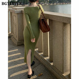 Christmas Gift BGTEEVER Vintage Square Collar Knitted Bodycon Dress for Women Split Stretched Female Pencil Dress Vestidos 2021 Autumn Winter