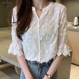 Joskaa Spring New Stereoscopic Embroidered White Pure Cotton Blouse Floral Short Sleeve Woman's Shirt Fashion Lady's Shirt 9638