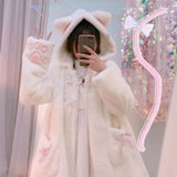 Winter Jacket Women Lolita Fleece-lined Thickened Girl Soft Fabric Kawaii Cat Ear Hat Claw Cute Plush White Coat Youthful Parka