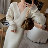 Black Friday Sales Elegant Long White Knitting Dress Women Winter V-Neck Long Sleeve Bodycon Dress Korean Office Lady High Waist Vintage Dress