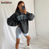 Christmas Gift InstaHot Women Letter Embroidery Cotton Drawstring Hoodies Long Sleeve Casual Sexy Streetwear Loose Basic Sweatshirt 2021 Autumn