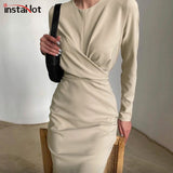 Christmas Gift InstaHot Elegant Women's Dress Round Neck Long Sleeve Draped Knee-Length Straight Dresses 2021 Autumn Solid Casual Office Lady