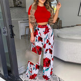 Christmas Gift Summer Women Two Piece Sets Elegant Print Office Lady Outfits Elegant O Neck Short Sleeve Shirt Pullover + Wide Leg Pants Suits