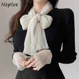 Christmas Gift French Style Ladies Knitted Tops Mujer 2021 New Autumn Bowknot Silk Scarf Sweaters Women Strip Stitch Cuff Knit Pullovers