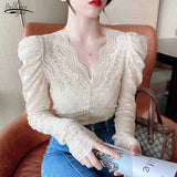 Christmas Gift Vintage Sexy Lace Blouse Women Elegant Fashion Women's Long Sleeve Top Autumn V Neck Crochet Flower Lace Bottoming Shirt 16503