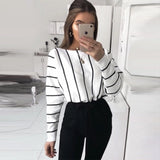 MOarcho Casual O-neck Loose Striped Women's Top Long Batwing Sleeve Elegant Office Lady T-shirt Tops Autumn 2021 New Style