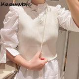 Christmas Gift Kuzuwata Japan Style Puff Sleeve Ruffles Solid Women Blouse 2021 Sunmmer Single Breasted Slim V Neck Vest Two Piece Set