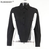 Christmas Gift Fashion Sexy Hollow Out Women Asymmetrical Blouse Shirts Slim Turn-Down Collar Long Sleeve Single-Breasted Button Blouse Top