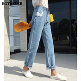 Christmas Gift BGTEEVER Summer Straight Denim Pants for Women Casual High Waist Loose Pockets Female Jeans 2021 Ladies Trousers
