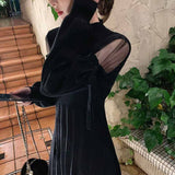 Joskka Autumn Winter New Half-Collar Mid-Length Knitted Dress Women Solid Sexy Mesh Stitching Off-Shoulder Long Sleeve Bow Dress 11735