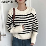 Christmas Gift BGTEEVER Casual O-neck Loose Women Striped Sweaters Pullovers Autumn Winter Full Sleeve Ladies Knitted Tops Jumpers 2021