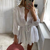 Back To College Autumn Elegant Commuting Button Stand Neck Mini Dress Lady Casual Long Sleeve Twist Belted Dress Women Fashion Solid Party Dress