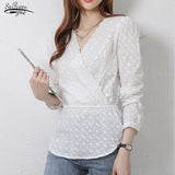 Joskka Autumn New 2021 Sexy Lace V-neck White Blouse Women Tops Lace Embroidery Clothes Solid Long Sleeve Tops Chemisier Femme 16414