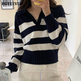 Christmas Gift BGTEEVER Chic Casual Lapel Knitted Striped Women Sweater 2021 Autumn Winter Ladies Knitwear Long Sleeve Loose Female Pullovers