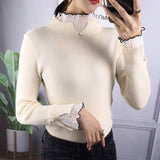 Christmas Gift JMPRS Pullover Women Sweater Lace Patchwork Fashion Autumn Knit Jumper Slim Turtleneck Long Sleeve Female Basic Top 2021