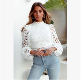 Christmas Gift Elegant Women's Long Sleeve Lace Blouses Tops White Crochet Hollow Out Turtleneck Stylish Cropped Shirts Female Pullovers 16296