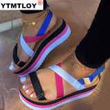 Women Summer Ankle Strap Sandals Rainbow Color Platform Wedges Heel Peep Toe Fashion Casual Beach Ladies Shoes Zapatos De Mujer
