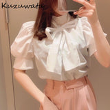 Christmas Gift Kuzuwata Bowknot Stand Neck Puff Half Sleeve Solid Blouses 2021 Spring Summer Fresh Shirts Temperament Office Lady Women Tops