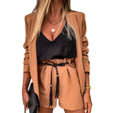 Christmas Gift Two-piece Suit Women Long Sleeve Light Top Cardigan Turn-Down Collar Top Drawstring Short Pant Office Wear Commuter Fashion Suit