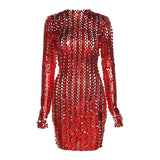 Christmas Gift Fashion Weave Cross Hollow Shining See-Through Mini Dresses Sexy Backless Ruched Club Long Sleeve Mesh Dress Summer 2022