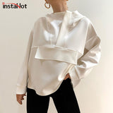 Christmas Gift InstaHot Fashion Women Hoodies Oversize Asymmetric Hem Solid Black White Autumn Sweatshirt Loose Streetwear Hooded Pullover Tops