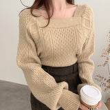 Christmas Gift Elegant Square Collar Versatile Knitted Pullovers Women Puff Long Sleeve Gentle Sweater Tops Female 2021 New Knit Top